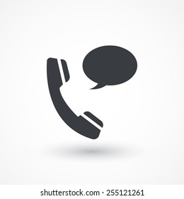 Phone receiver as "contact us" icon. Telephone handset with talk bubble isolated on grey white background. Flat style design icon