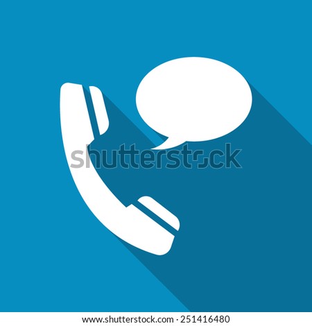 Phone receiver as "contact us" icon. Telephone handset with talk bubble isolated on blue background. Modern design flat style icon with long shadow effect