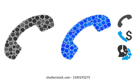 Phone receiver hang up mosaic of circle elements in various sizes and color tints, based on phone receiver hang up icon. Vector round elements are combined into blue collage.