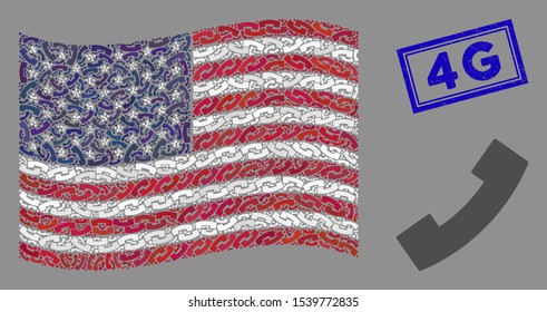 Phone receiver items are arranged into USA flag abstraction with blue rectangle rubber stamp seal of 4G caption. Vector collage of USA waving flag is created of phone receiver items.