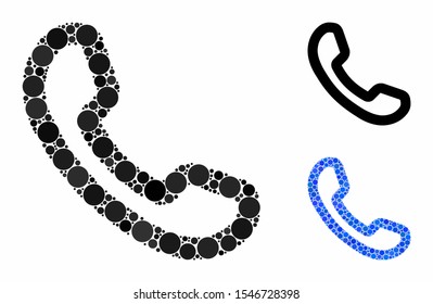 Phone receiver mosaic of filled circles in variable sizes and color hues, based on phone receiver icon. Vector small circles are composed into blue mosaic.