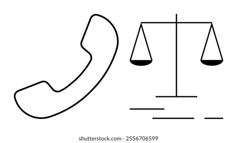 Phone receiver and scales of justice symbol. Ideal for themes of communication, legal services, justice, support, and simplicity. Black and white vector style portrays a clean modern design