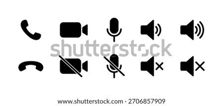 Phone receiver, video call, microphone, mute, speaker volume, and silent icon. Communication element symbol