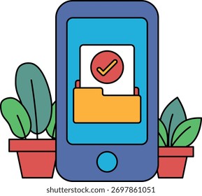 A phone with a red check mark on it and a folder icon. The phone is surrounded by potted plants