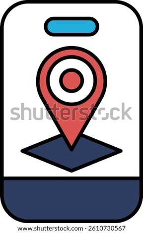 A phone with a red dot on it that says "map" and is pointing to the right. The phone is a small, rectangular device with a blue background. The red dot is located in the center of the phone