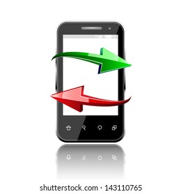 Phone with red and green arrows on white background. Isolated 3D image