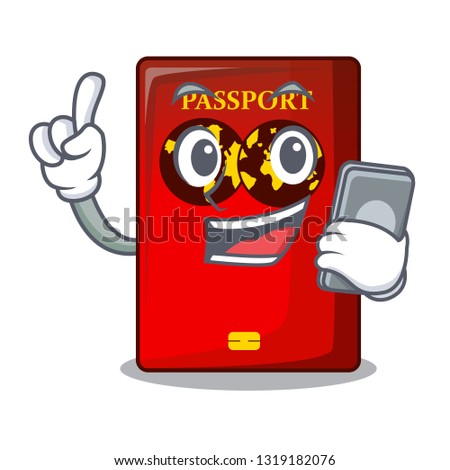 With phone red passport in the character shape