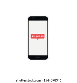 Phone with red social page icons. Smartphone for a social page with a sign of messages, likes and comments. Display vector illustration.