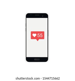 Phone with red social page icons. Smartphone for a social page with a sign of messages, likes and comments. Display vector illustration.