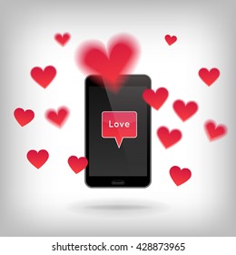 Phone with red speech bubble and word Love with cut hearts flying around. Valentine's Day and Love concept, realistic illustration