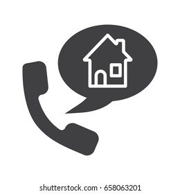 Phone rental house reserve glyph icon. Room reservation. Silhouette symbol. Handset with home inside speech bubble. Negative space. Vector isolated illustration
