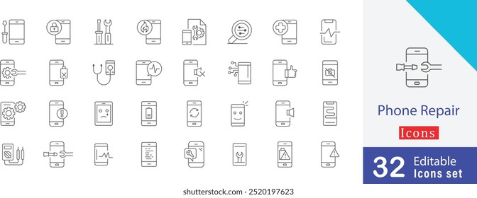 Phone Repair editable line icon collection. containing parts, tool, water damage, antivirus, scratch, glass, battery replacement, phone maintenance and more stroke collection