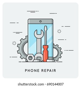 Phone Repair. Flat Thin Line Concept. Vector Illustration.