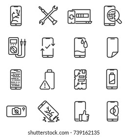 Phone repair icon set. Breakage and recovery of the smartphone, thin line design. Repair Center. Line with editable stroke