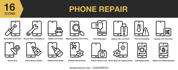Phone Repair icon set. Includes notification, overheating, chip, screen, adhesive glue bottle, smartphone, and More. Outline icons vector collection.