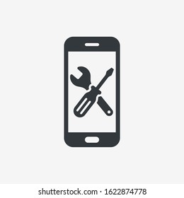Phone repair icon. Smartphone maintenance. Wrench and screwdriver on mobile phone screen. Vector illustration in flat design.