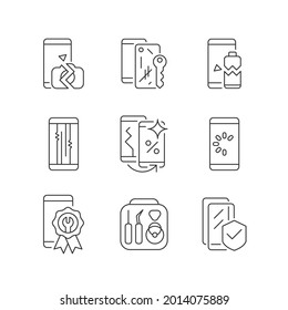 Phone repair linear icons set. Network connection and loading issue. Camera and battery breakage. Customizable thin line contour symbols. Isolated vector outline illustrations. Editable stroke