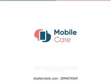 Phone Repair Logo Design. Vector Logo Template. A Smartphone Maintenance Company Symbol Of Two Hands Holding A Cellphone In The Middle. Isolated Diagnostic Technician Logo Symbol For A Cellphone Fix S