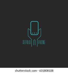 Phone repair logo spanner tool concept idea. Mobile telephone and wrench blue thin lines style, smartphone fix service emblem mockup.