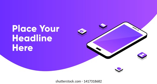 Phone repair service banner. Smartphone with empty screen mock up. Repairing electronic. Advertising concept, sale. Vector isometric template. Digital marketing landing page. Mobile app development