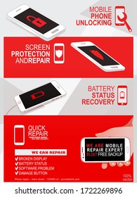Phone repair service banner template. Smartphone Repairing. Advertising concept with web icons. Vector eps 10.