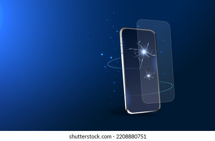 Phone repair service banner template. A smartphone with a broken screen on a blue background. The repair of electronics. Maintenance center application, fixing app. Vector illustration.