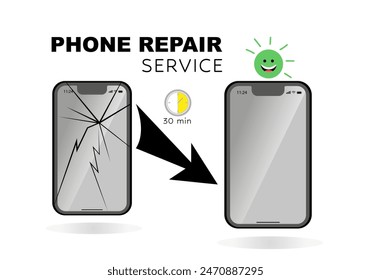 Telefonreparatur-Service-Banner-Vorlage. Smartphones mit kaputten und guten Bildschirmen. Vorher und Nachher. Werbekonzept. Vektorillustration