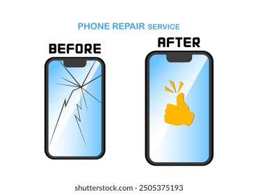 Phone repair service banner template. Smartphones with broken and good screens. Before and After. Advertising concept. Vector illustration