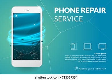 Phone repair service banner template. Smartphone with broken screen on blue background. Repairing electronics. Advertising concept. Vector eps 10.