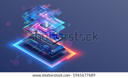 Phone repair service. Disassembled smartphone. Case and electronic parts or components on scheme of abstract mobile phone. CPU, motherboard of smartphone. Non-assembled cellphone. Isometric concept.
