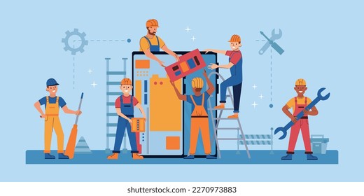 Servicio de reparación de teléfonos composición plana con ingenieros desmontando smartphone en ilustración vectorial de fondo azul