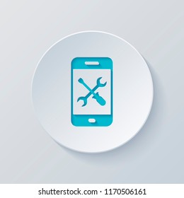 Phone repair service icon. Cut circle with gray and blue layers. Paper style