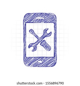 Phone repair service icon. Hand drawn sketched picture with scribble fill. Blue ink. Doodle on white background