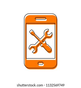 Phone repair service icon. Isolated icon consisting of black thin contour and orange moved filling on different layers. White background