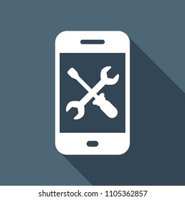 Phone repair service icon. White flat icon with long shadow on background