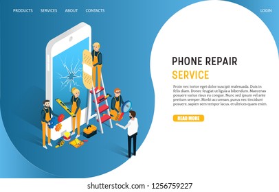 Phone repair service landing page website template. Vector isometric smartphone with shattered screen and professional techs repairing cell phone screen.
