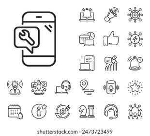 Phone repair service sign. Place location, technology and smart speaker outline icons. Spanner tool line icon. Fix instruments symbol. Phone repair line sign. Influencer, brand ambassador icon. Vector