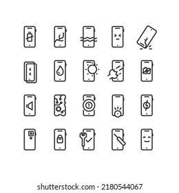 Phone Repair Service Signs Thin Line Icons Set Include of Glass or Water Damage. Vector illustration of Icon