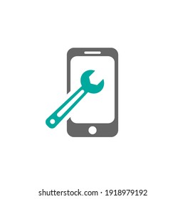 Reparación telefónica. Mantenimiento de Smartphone. Teléfono con spanner. Servicio de teléfono móvil. Mantener, configurar, apoyar, corregir botón. Ilustración plana vectorial aislada en blanco. 