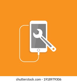 Phone repair. Smartphone maintenance. Phone with spanner. Mobile phone service. Maintain, settings, support, fix button. Vector flat illustration isolated on orange background. 