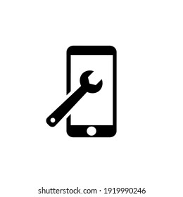 Reparación telefónica. Mantenimiento de Smartphone. Teléfono con spanner. Servicio de teléfono móvil. Mantener, configurar, apoyar, corregir botón. Ilustración plana vectorial aislada en blanco. 