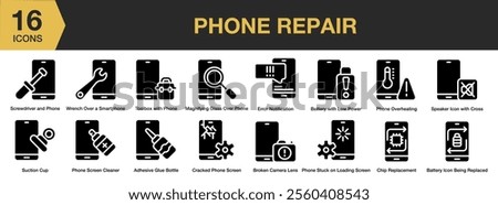 Phone Repair solid icon set. Includes notification, overheating, chip, screen, adhesive glue bottle, smartphone, and More. Solid icons vector collection.