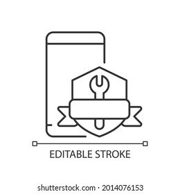 Icono lineal de garantía de reparación de teléfono. Sustitución de teléfonos y renovación de seguros. Arreglar pantalla rota. Ilustración personalizable de línea delgada. Símbolo de contorno. Dibujo de contorno aislado del vector. Trazo editable