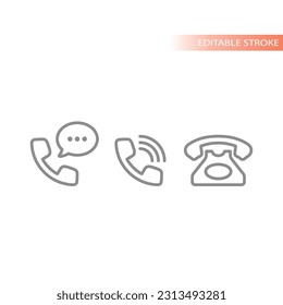 Phone, retro or analog line vector icon set. Telephone, message and contact us outline.