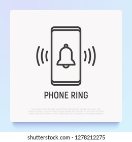 Phone ring: bell ringing on mobile screen thin line icon. Modern vector illustration.