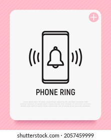 Telefonischer Ring, Glocke klingeln auf dem mobilen Bildschirm dünne Linie Symbol. Moderne Vektorgrafik.