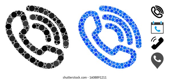 Phone ring composition of circle elements in various sizes and shades, based on phone ring icon. Vector circle elements are united into blue collage. Dotted phone ring icon in usual and blue versions.