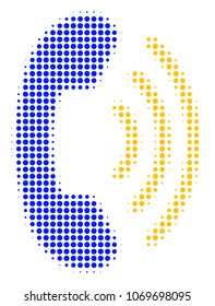 Phone Ring halftone vector pictogram. Illustration style is dotted iconic Phone Ring icon symbol on a white background. Halftone matrix is round elements.