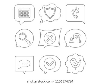 Phone ringtone, chat speech bubble icons. Shield, dialog and magnifier linear signs. Bird, calendar of vacations icons. Linear Speech bubbles with icons set. Comic chat balloon. Vector