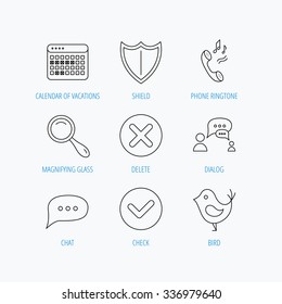 Phone ringtone, chat speech bubble icons. Shield, dialog and magnifier linear signs. Bird, calendar of vacations icons. Linear set icons on white background.